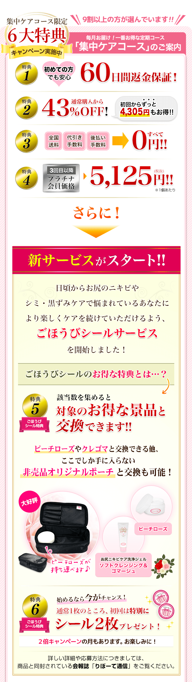 9割以上の方が選んでいます!!集中ケアコース限定6大特典キャンペーン実施中 毎月お届け!一番得な定期コース「集中ケアコース」のご案内