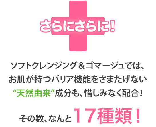 さらにさらに！ソフトクレンジング＆ゴマージュでは、お肌が持つバリア機能をサポートする“天然由来”成分も、惜しみなく配合！その数、なんと17種類！