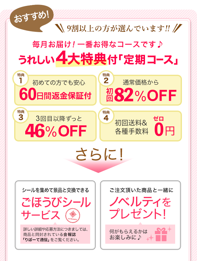 9割以上の方が選んでいます！！集中ケアコース限定6大特典キャンペーン実施中　毎月お届け！一番得な定期コース「集中ケアコース」のご案内