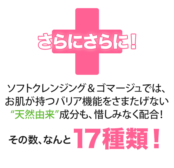 さらにさらに！ソフトクレンジング＆ゴマージュでは、お肌が持つバリア機能を妨げない天然由来成分も、惜しみなく配合！その数、なんと１７種類！