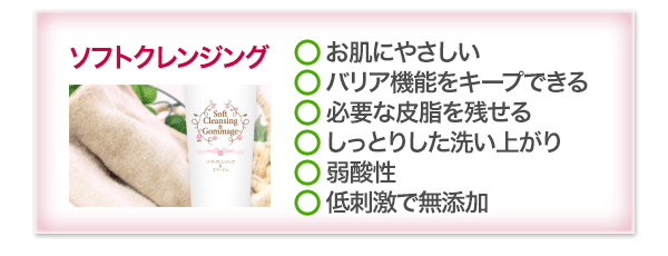 ソフトクレンジング　〇お肌にやさしい 〇バリア機能をキープできる 〇必要な皮脂を残せる 〇しっとりとした洗い上がり 〇弱酸性 〇低刺激で無添