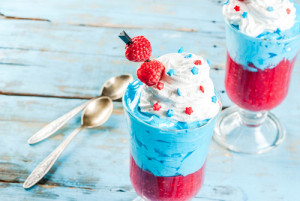 Independence Day. 4th of July. Layered dessert from ice cream, b